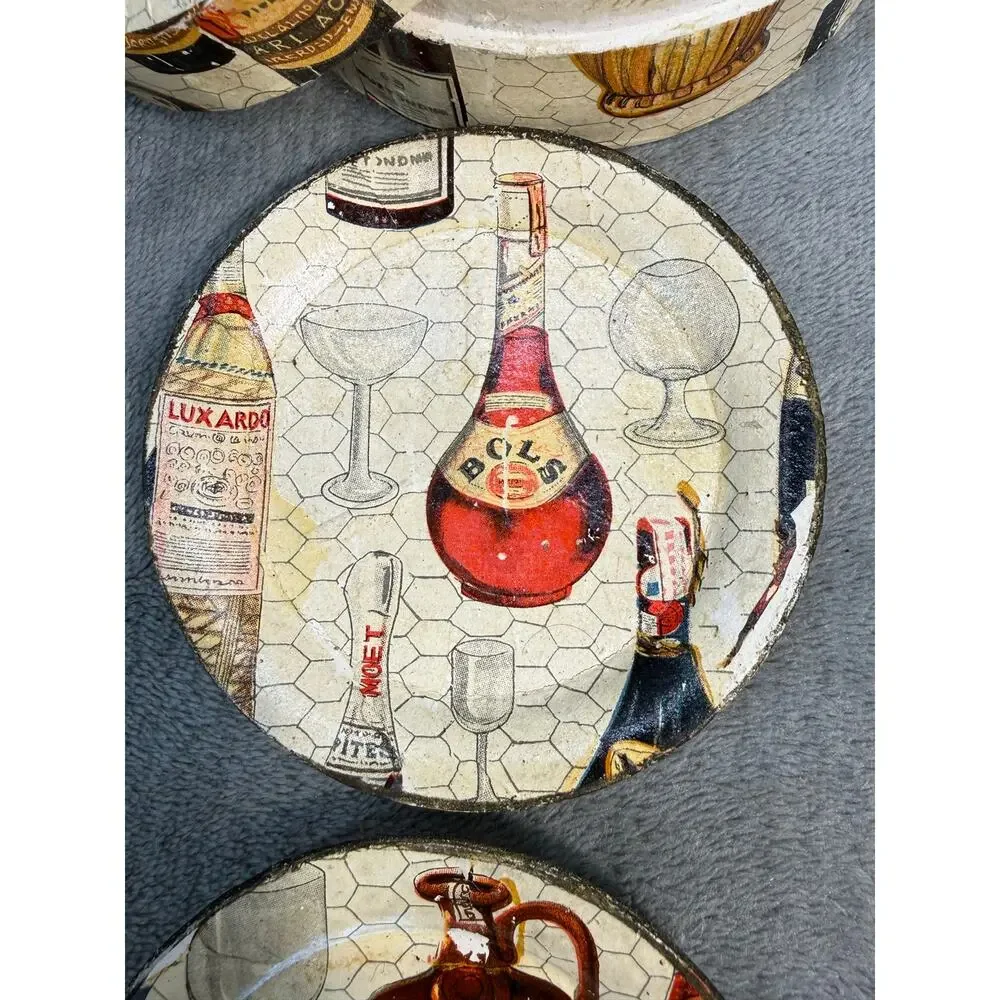 1950's Lot 18 Piece Barware Set Liquor Bottle Design Tray Plates Bottle Opener